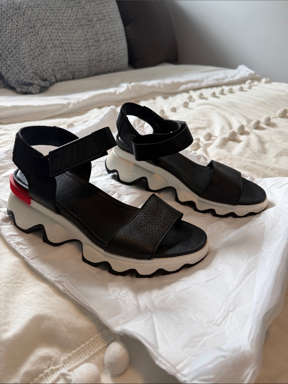 Black Sorel Sport Platform Sandals with White Wave Sole